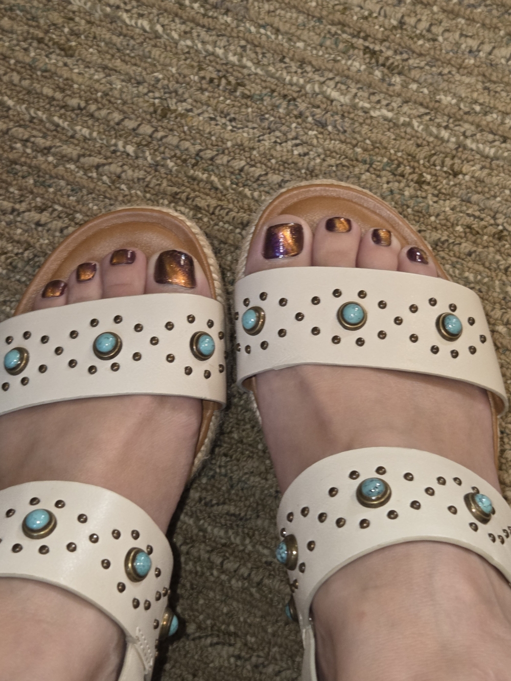White Studded Slide Sandals with Turquoise Accents